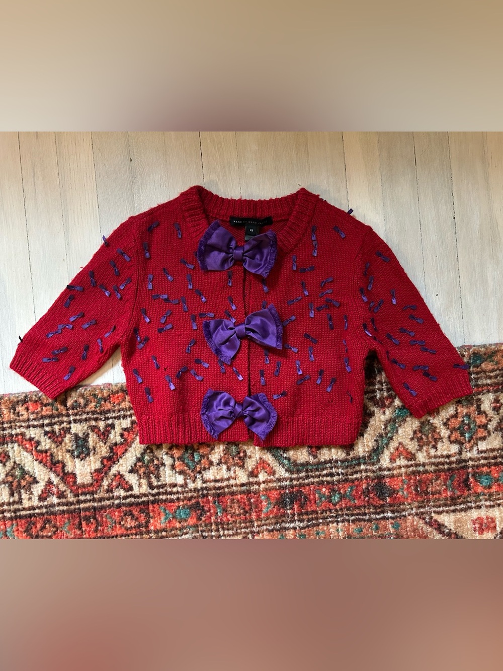Marc by Marc Jacobs Red Knit Cardigan with Purple Bows 2010 era